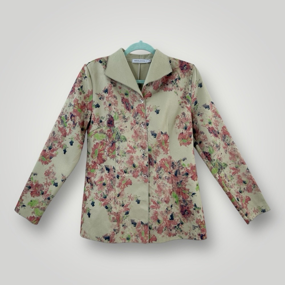 Misslook Floral Blazer Womens M Beige Raw Hem Lightweight Jacket Boho Chic